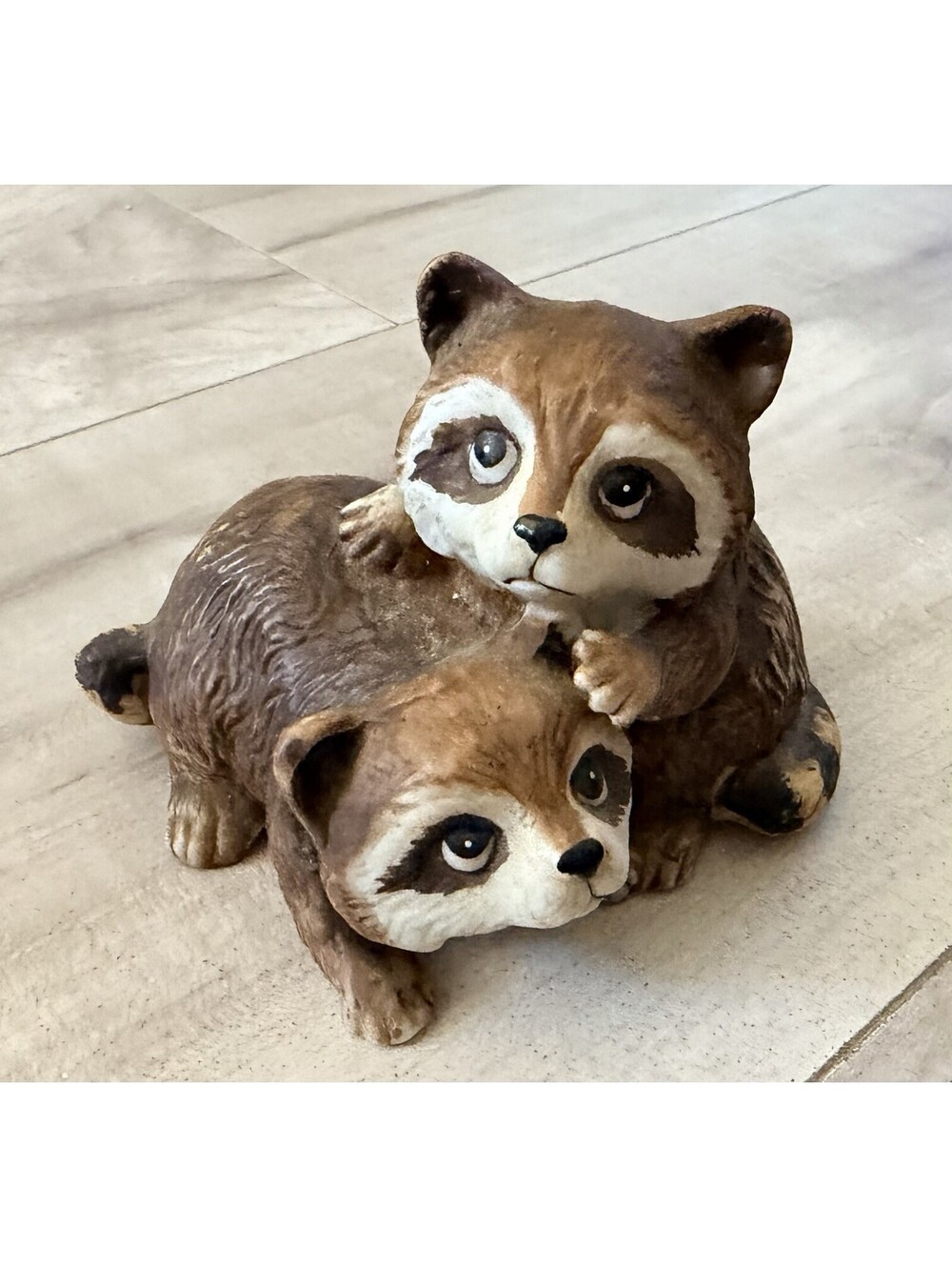 HOMCO Raccoon Porcelain Figurine #1454 Taiwan Scared Hiding Pair Siblings Couple